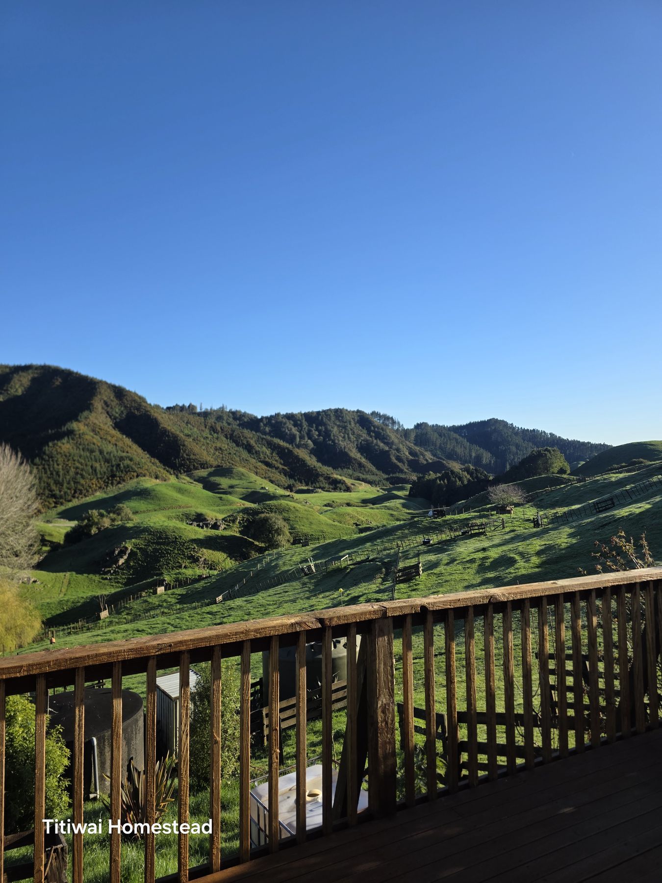 Green King Country hills under a blue sky, seen over the deck rail